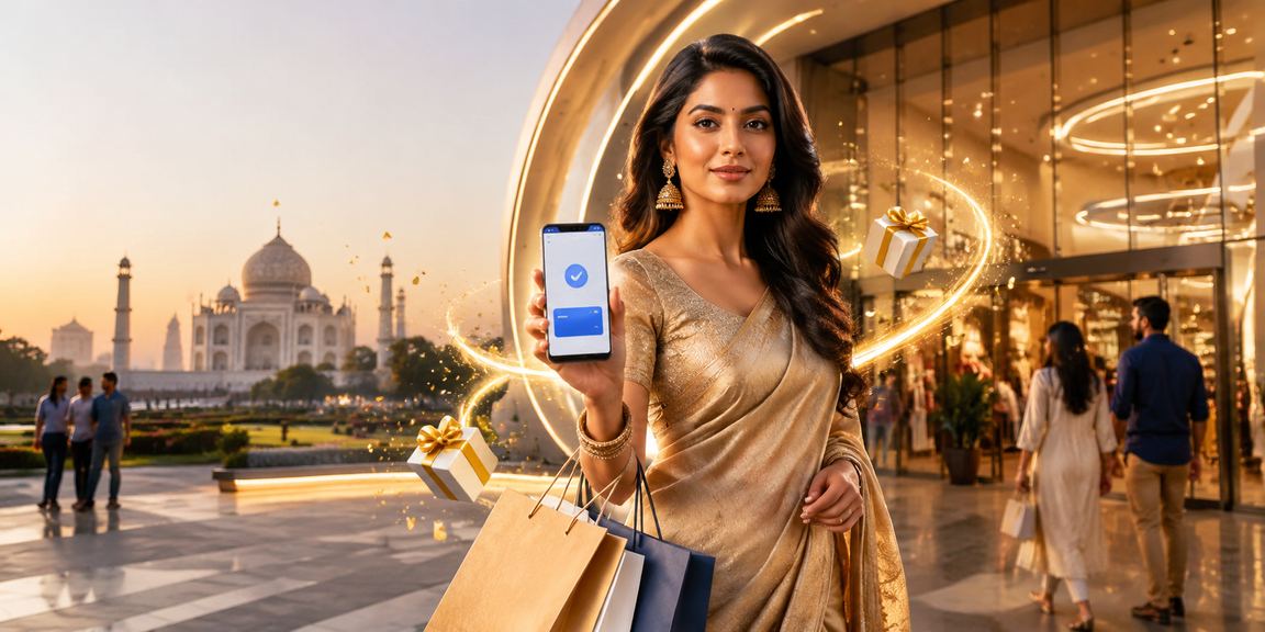 Mobile payment at Agra Taj Mahal site with Indian model