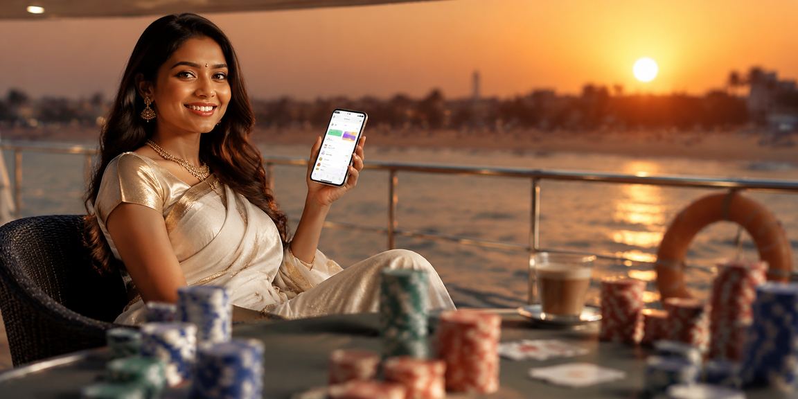 Indian woman enjoying rummy game on mobile in traditional attire