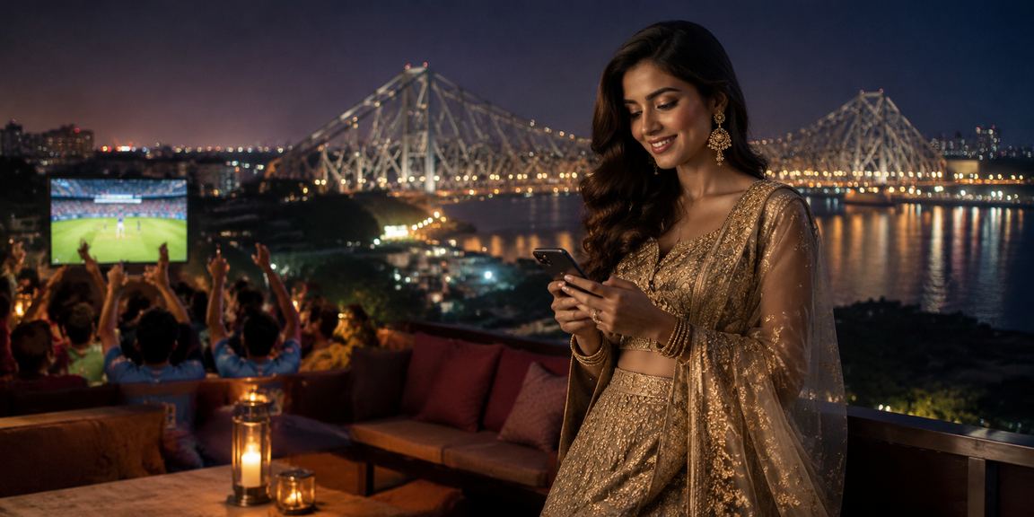 Young Indian woman enjoying mobile casino game with Bollywood art